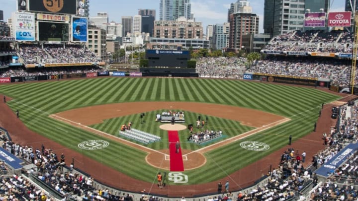 SAN DIEGO, CA - AUGUST 21: MLB All-Time saves (601) leader Trevor Hoffman stands on the mound as he is honored in a jersey retirement ceremony held by the San Diego Padres prior to the game against the Florida Marlins at Petco Park on August 21, 2011 in San Diego, California. (Photo by Kent C. Horner/Getty Images)