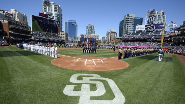 SAN DIEGO, CALIFORNIA - APRIL 17: U.S. military members line the field on Military Opening Day before a baseball game between the San Diego Padres and the Arizona Diamondbacks at PETCO Park on April 17, 2016 in San Diego, California. (Photo by Denis Poroy/Getty Images)