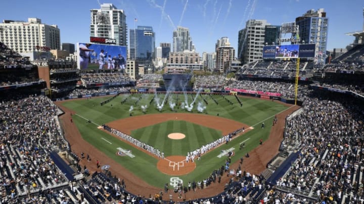 SAN DIEGO, CA - MARCH 29: Fireworks go off during pre-game ceremonies on Opening Day between the Milwaukee Brewers and the San Diego Padres at PETCO Park on March 29, 2018 in San Diego, California. (Photo by Denis Poroy/Getty Images)