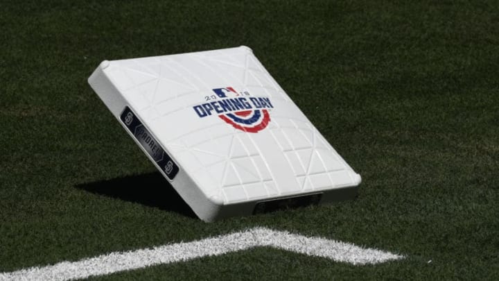 SAN DIEGO, CA - MARCH 29: A first base with the Opening Day logo sits on the field on Opening Day between the Milwaukee Brewers and the San Diego Padres at PETCO Park on March 29, 2018 in San Diego, California. (Photo by Denis Poroy/Getty Images)