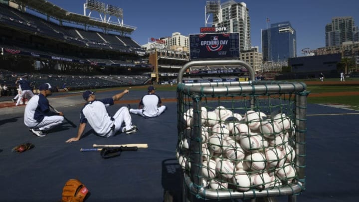 SAN DIEGO, CA - MARCH 29: San Diego Padres stretch during batting practice before Opening Day between the Milwaukee Brewers and the San Diego Padres at PETCO Park on March 29, 2018 in San Diego, California. (Photo by Denis Poroy/Getty Images)