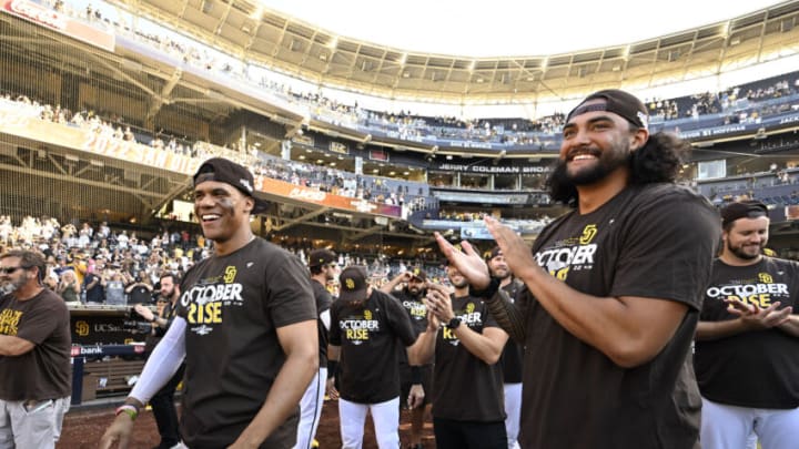 SAN DIEGO, CA - OCTOBER 2: Juan Soto #22 of the San Diego Padres (L) and Sean Manaea #55 celebrate (Photo by Denis Poroy/Getty Images)