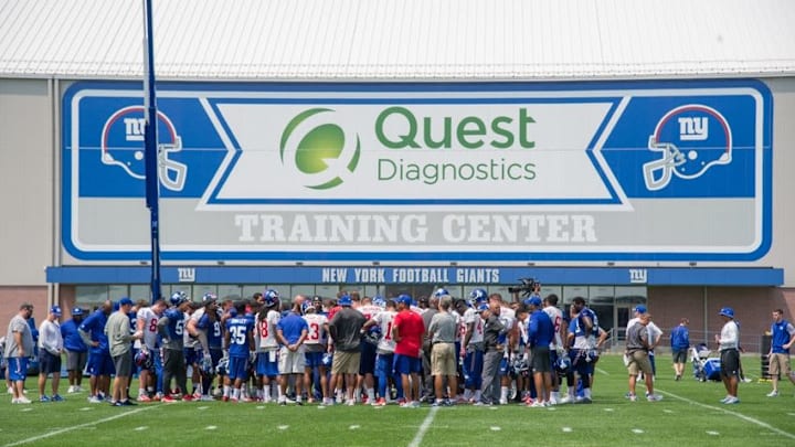 Jul 30, 2016; East Rutherford, NJ, USA; The New York Giants team huddles at the end of the second day of training camp at Quest Diagnostics Training Center. Mandatory Credit: William Hauser-USA TODAY Sports
