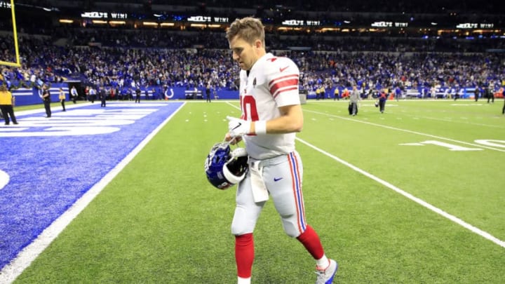 INDIANAPOLIS, INDIANA - DECEMBER 23: Eli Manning #10 of the New York Giants jogs off of the field following the 28-27 loss to the Indianapolis Colts at Lucas Oil Stadium on December 23, 2018 in Indianapolis, Indiana. (Photo by Andy Lyons/Getty Images)