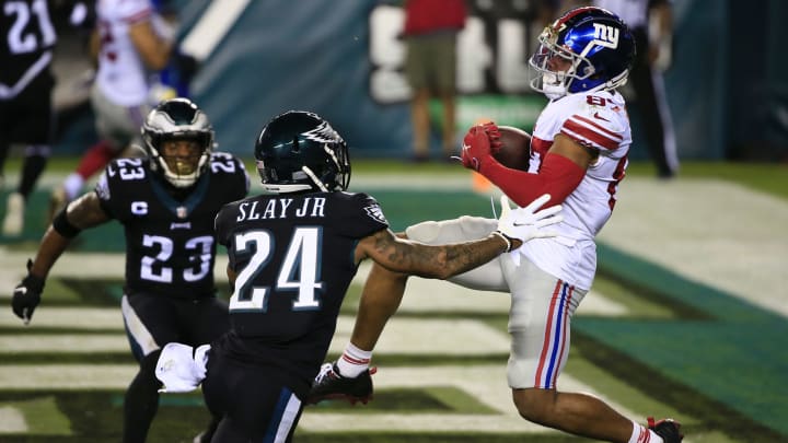PHILADELPHIA, PA – OCTOBER 22: Sterling Shepard #87 of the New York Giants hauls in a touchdown reception against Darius Slay #24 and Rodney McLeod #23 of the Philadelphia Eagles during the fourth quarter at Lincoln Financial Field on October 22, 2020 in Philadelphia, Pennsylvania. (Photo by Corey Perrine/Getty Images)