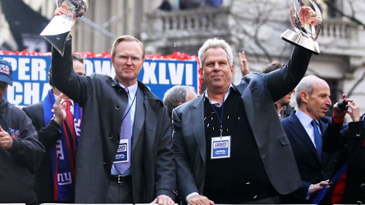 NEW YORK, NY - FEBRUARY 07: New York Giant Co-owners John Mara (L) and Steve Tisch celebrate during the New York Giants' ticker tape victory parade down the Canyon of Heros on February 7, 2012 in New York City. The Giants defeated the New England Patriots 21-17 in Super Bowl XLVI at Lucas Oil Stadium on February 5, 2012 in Indianapolis, Indiana. (Photo by Al Bello/Getty Images)