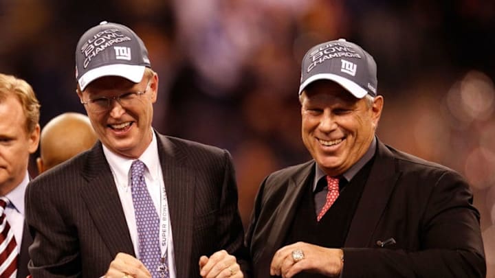INDIANAPOLIS, IN - FEBRUARY 05: Co-Owners John Mara and Steve Tisch celebrate after the New York Giants defeated the New England Patriots 21-17 to win Super Bowl XLVI at Lucas Oil Stadium on February 5, 2012 in Indianapolis, Indiana. (Photo by Rob Carr/Getty Images)