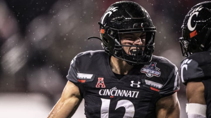 CINCINNATI, OH - DECEMBER 19: Alec Pierce #12 of the Cincinnati Bearcats reacts during the American Athletic Conference football championship at Nippert Stadium on December 19, 2020 in Cincinnati, Ohio. (Photo by Benjamin Solomon/Getty Images)