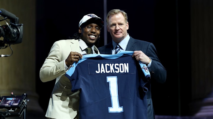 Adoree Jackson of USC poses with Commissioner of the National Football League Roger Goodell. (Photo by Elsa/Getty Images)