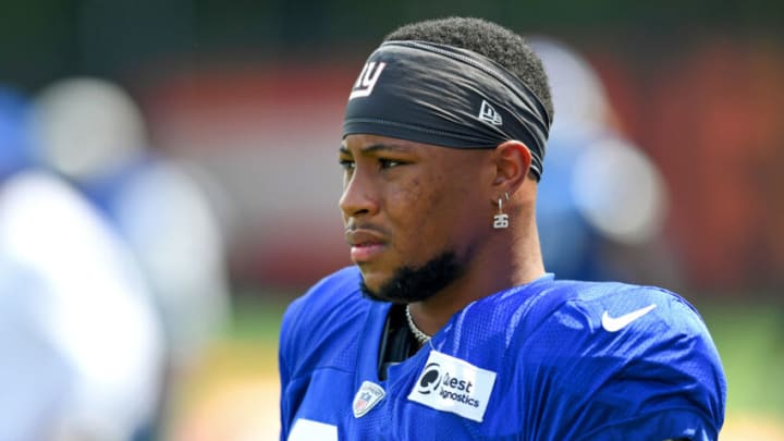 BEREA, OH - AUGUST 19: Saquon Barkley #26 of the New York Giants looks on during a joint practice with the Cleveland Browns on August 19, 2021 in Berea, Ohio. (Photo by Nick Cammett/Getty Images) BEREA, OH - AUGUST 19: Saquon Barkley #26 of the New York Giants looks on during a joint practice with the Cleveland Browns on August 19, 2021 in Berea, Ohio. (Photo by Nick Cammett/Getty Images)