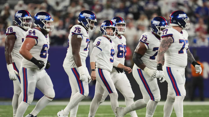 EAST RUTHERFORD, NJ – SEPTEMBER 26: Graham Gano #9 of the New York Giants walks off of the field against the Dallas Cowboys at MetLife Stadium on September 26, 2022 in East Rutherford, New Jersey. (Photo by Cooper Neill/Getty Images)
