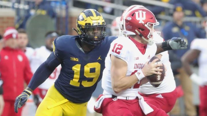 Michigan’s Kwity Paye rushes against Indiana’s Peyton Ramsey in the first half Saturday, Nov. 17, 2018 at Michigan Stadium in Ann Arbor.Kwity Paye