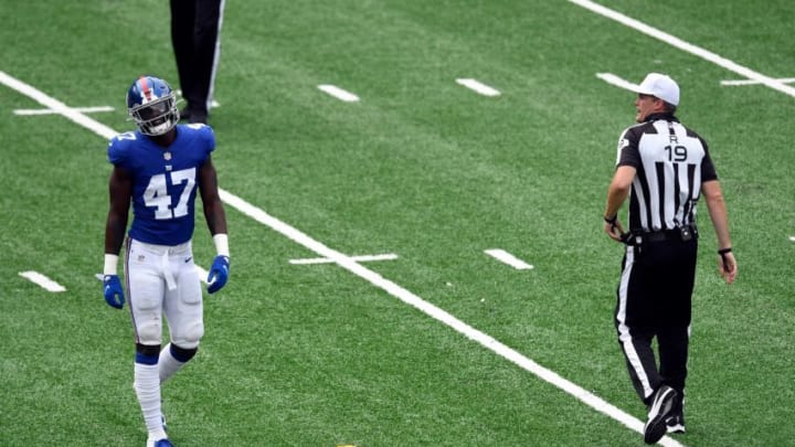 New York Giants linebacker Cam Brown (47) reacts after a penalty is called on the Giants in the second half. The Giants lose to the San Francisco 49ers, 36-9, in an NFL game at MetLife Stadium on Sunday, Sept. 27, 2020, in East Rutherford.Giants 49ers