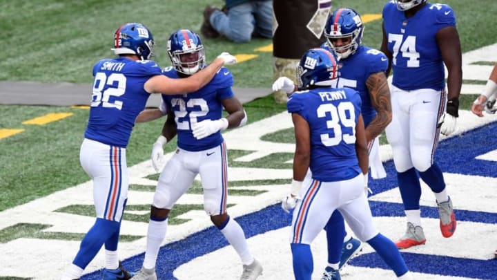 New York Giants running back Wayne Gallman (22) celebrates his touchdown in the second half. The Giants defeat the Eagles, 27-17, at MetLife Stadium on Sunday, Nov. 15, 2020.Nyg Vs Phi