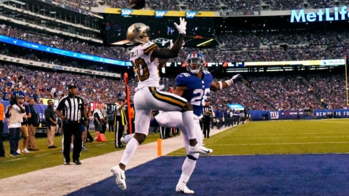 New Orleans Saints cornerback Ken Crawley (20) nearly picks off a pass intended for NY Giants running back Saquon Barkley (26) in the second half. The New Orleans Saints defeat the New York Giants 33-18 on Sunday, September 30, 2018 in East Rutherford, NJ.
