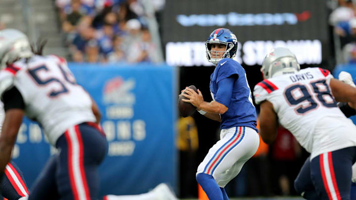 Daniel Jones, of the New York Giants, is shown before making a pass against the New England Patriots. Sunday, August 29, 2021Giants