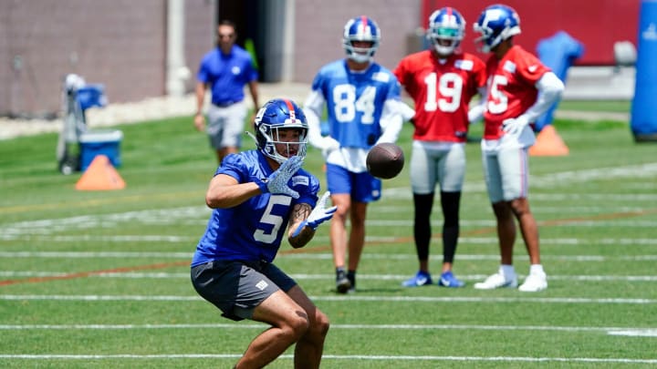 New York Giants wide receiver Keelan Doss (5) catches the ball during mandatory minicamp at the Quest Diagnostics Training Center on Tuesday, June 7, 2022, in East Rutherford.News Giants Mandatory Minicamp