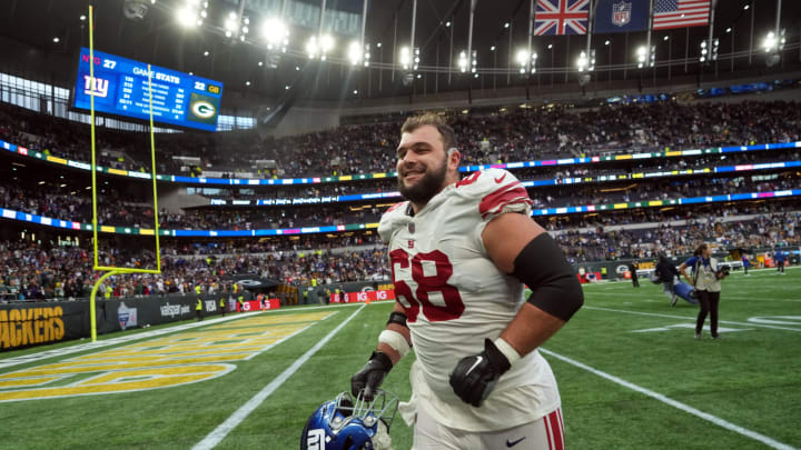 Oct 9, 2022; London, United Kingdom; New York Giants guard Ben Bredeson (68) leaves the field after an NFL International Series game against the Green Bay Packers at Tottenham Hotspur Stadium. Mandatory Credit: Kirby Lee-USA TODAY Sports