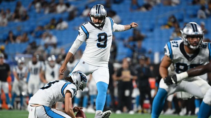 Aug 27, 2021; Charlotte, North Carolina, USA; Carolina Panthers kicker Ryan Santoso (9) kicks a field goal in the fourth quarter at Bank of America Stadium. Mandatory Credit: Bob Donnan-USA TODAY Sports