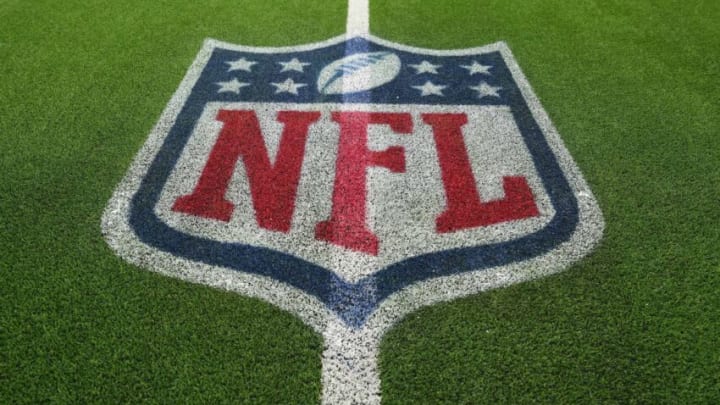 A detailed view of the NFL shield logo on the field at SoFi Stadium. Mandatory Credit: Kirby Lee-USA TODAY Sports