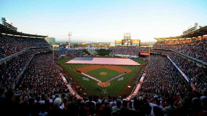 April 4, 2016; Anaheim, CA, USA; General view of pregame festivities before the Los Angeles Angels play against Chicago Cubs at Angel Stadium of Anaheim. Mandatory Credit: Gary A. Vasquez-USA TODAY Sports