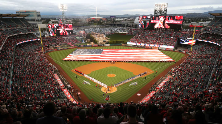 ANAHEIM, CALIFORNIA – APRIL 04: A general view of the national anthem prior to the home opener between the Los Angeles Angels of Anaheim and the Texas Rangers at Angel Stadium of Anaheim on April 04, 2019 in Anaheim, California. (Photo by Sean M. Haffey/Getty Images)