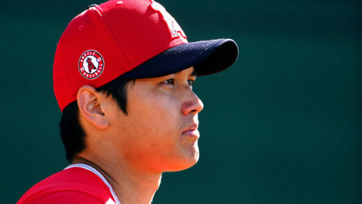 TEMPE, AZ - FEBRUARY 20: Shohei Ohtani of the Los Angeles Angels looks on during the Los Angeles Angels spring training at Diablo Stadium on February 20, 2020 in Tempe, Arizona. (Photo by Masterpress/Getty Images)