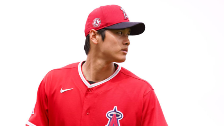 TEMPE, AZ - FEBRUARY 28: Shohei Ohtani of the Los Angeles Angels looks on during the spring training game against the Texas Rangers on February 28, 2020 in Tempe, Arizona. (Photo by Masterpress/Getty Images)