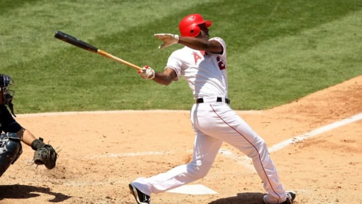 ANAHEIM, CA - AUGUST 12: Gary Matthews Jr. #24 of the Los Angeles Angels of Anaheim bats against the Tampa Bay Rays on August 12, 2009 at Angel Stadium in Anaheim, California. The Angels won 10-5. (Photo by Stephen Dunn/Getty Images)