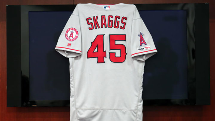 ARLINGTON, TEXAS - JULY 02: A view of a jersey belonging to Tyler Skaggs #45 of the Los Angeles Angels during a press conference held at Globe Life Park in Arlington on July 02, 2019 in Arlington, Texas. to address the pitcher's death on Monday, July 01, 2019. (Photo by Tom Pennington/Getty Images)