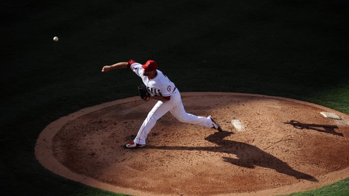 August 31, 2016; Anaheim, CA, USA; Los Angeles Angels starting pitcher Ricky Nolasco (47) throws during the third inning against the Cincinnati Reds at Angel Stadium of Anaheim. Mandatory Credit: Gary A. Vasquez-USA TODAY Sports