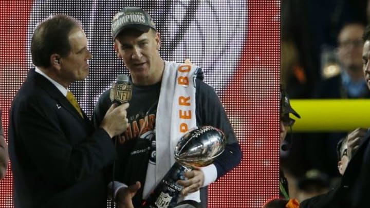 Feb 7, 2016; Santa Clara, CA, USA; Denver Broncos quarterback Peyton Manning (18) celebrates after defeating the Carolina Panthers in Super Bowl 50 at Levi Stadium.