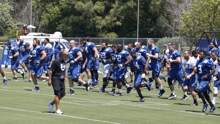 Aug 2, 2015; Anderson, IN, USA; Indianapolis Colts coach Chuck Pagano talks to the Colts as they stretch in warm ups during training camp at Anderson University. Mandatory Credit: Brian Spurlock-USA TODAY Sports