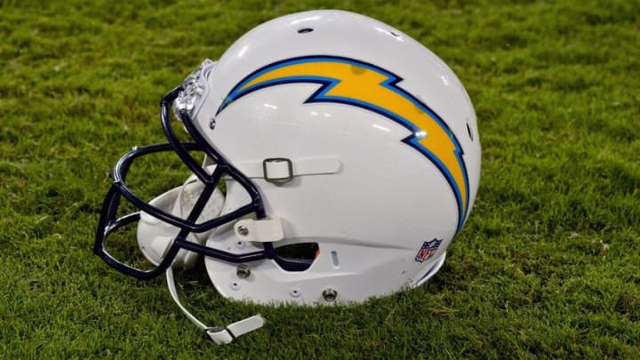 Aug 13, 2016; Nashville, TN, USA; San Diego Chargers helmet on the sideline during the second half against the Tennessee Titans at Nissan Stadium. Tennessee won 27-10. Mandatory Credit: Jim Brown-USA TODAY Sports