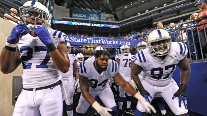Aug 20, 2016; Indianapolis, IN, USA; Indianapolis Colts wait before running onto the field during introductions before their home game against the Baltimore Ravens at Lucas Oil Stadium. Mandatory Credit: Thomas J. Russo-USA TODAY Sports