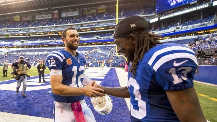 Oct 9, 2016; Indianapolis, IN, USA; Indianapolis Colts quarterback Andrew Luck (12) and Colts receiver T.Y. Hilton (13) embrace after their victory over the Chicago Bears at Lucas Oil Stadium. Mandatory Credit: Thomas J. Russo-USA TODAY Sports