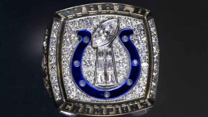 Jan 27, 2016; Canton, OH, USA; General view of Super Bowl XLI championship ring to commemorate the Indianapolis Colts victory over the Chicago Bears on February 4, 2007 on display at the at the Pro Football Hall of Fame. Mandatory Credit: Scott R. Galvin-USA TODAY Sports
