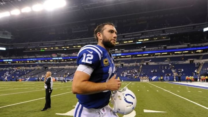 Sep 25, 2016; Indianapolis, IN, USA; Indianapolis Colts quarterback Andrew Luck (12) runs off the field after defeating the San Diego Chargers 26-22 at Lucas Oil Stadium. Mandatory Credit: Thomas J. Russo-USA TODAY Sports