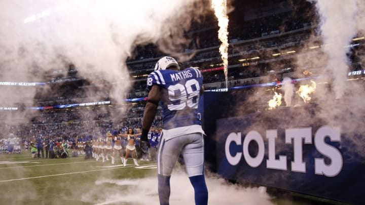 Jan 3, 2016; Indianapolis, IN, USA; Indianapolis Colts linebacker Robert Mathis (98) is introduced before the game against the Tennesee Titans at Lucas Oil Stadium. Mandatory Credit: Brian Spurlock-USA TODAY Sports