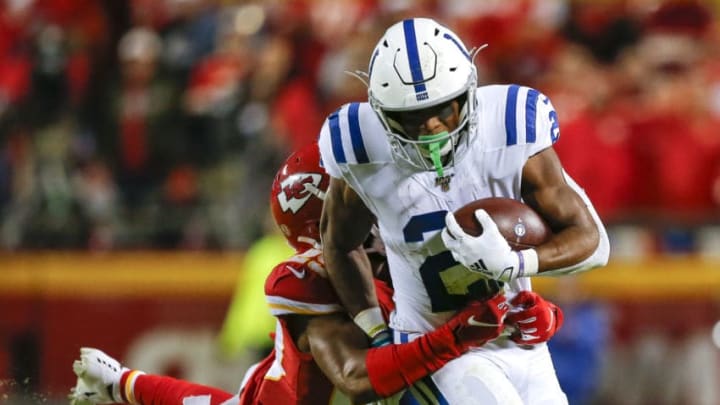 KANSAS CITY, MO - OCTOBER 06: Bashaud Breeland #21 of the Kansas City Chiefs tackles Nyheim Hines #21 of the Indianapolis Colts in the second quarter at Arrowhead Stadium on October 6, 2019 in Kansas City, Missouri. (Photo by David Eulitt/Getty Images) KANSAS CITY, MO - OCTOBER 06: Bashaud Breeland #21 of the Kansas City Chiefs tackles Nyheim Hines #21 of the Indianapolis Colts in the second quarter at Arrowhead Stadium on October 6, 2019 in Kansas City, Missouri. (Photo by David Eulitt/Getty Images)