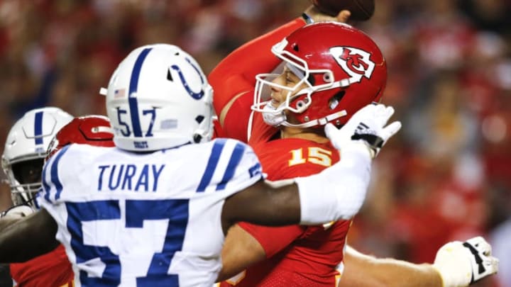KANSAS CITY, MO - OCTOBER 06: Patrick Mahomes #15 of the Kansas City Chiefs releases the football before being hit by Kemoko Turay #57 of the Indianapolis Colts in the third quarter at Arrowhead Stadium on October 6, 2019 in Kansas City, Missouri. Mahomes limped off the field following the play. (Photo by David Eulitt/Getty Images) KANSAS CITY, MO - OCTOBER 06: Patrick Mahomes #15 of the Kansas City Chiefs releases the football before being hit by Kemoko Turay #57 of the Indianapolis Colts in the third quarter at Arrowhead Stadium on October 6, 2019 in Kansas City, Missouri. Mahomes limped off the field following the play. (Photo by David Eulitt/Getty Images)