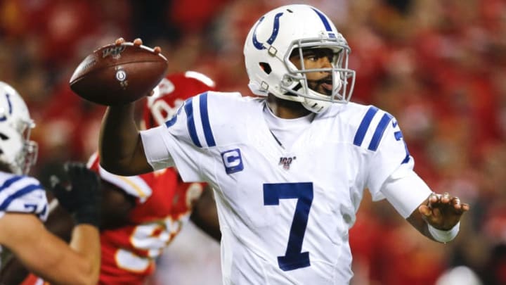 KANSAS CITY, MO - OCTOBER 06: Jacoby Brissett #7 of the Indianapolis Colts throws a third quarter pass against the Kansas City Chiefs at Arrowhead Stadium on October 6, 2019 in Kansas City, Missouri. (Photo by David Eulitt/Getty Images) KANSAS CITY, MO - OCTOBER 06: Jacoby Brissett #7 of the Indianapolis Colts throws a third quarter pass against the Kansas City Chiefs at Arrowhead Stadium on October 6, 2019 in Kansas City, Missouri. (Photo by David Eulitt/Getty Images)
