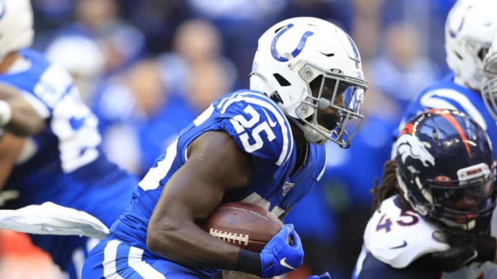 INDIANAPOLIS, INDIANA - OCTOBER 27: Marlon Mack #25 of the Indianapolis Colts runs with the ball against the Denver Broncos at Lucas Oil Stadium on October 27, 2019 in Indianapolis, Indiana. (Photo by Andy Lyons/Getty Images)