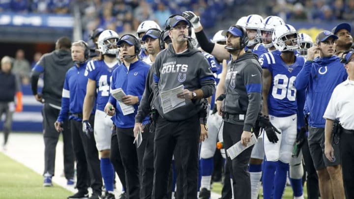 INDIANAPOLIS, INDIANA - DECEMBER 22: Head coach Frank Reich of the Indianapolis Colts looks up at the score board in the game against the Carolina Panthers at Lucas Oil Stadium on December 22, 2019 in Indianapolis, Indiana. (Photo by Justin Casterline/Getty Images)