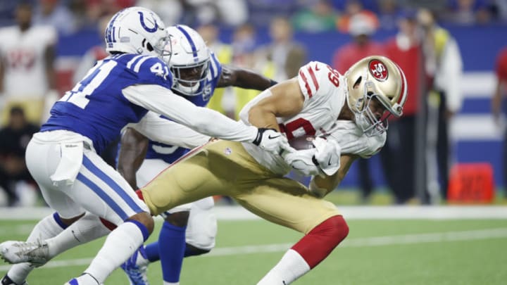 INDIANAPOLIS, IN - AUGUST 25: Cole Wick #89 of the San Francisco 49ers dives for extra yardage after a reception against the Indianapolis Colts in the second quarter of a preseason game at Lucas Oil Stadium on August 25, 2018 in Indianapolis, Indiana. (Photo by Joe Robbins/Getty Images)