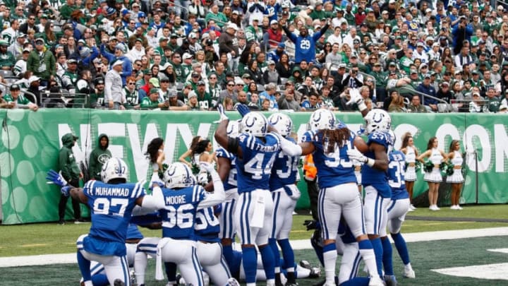 EAST RUTHERFORD, NJ - OCTOBER 14: The Indianapolis Colts taunt the fans as they take on the New York Jets during the first quarter at MetLife Stadium on October 14, 2018 in East Rutherford, New Jersey. (Photo by Jeff Zelevansky/Getty Images)