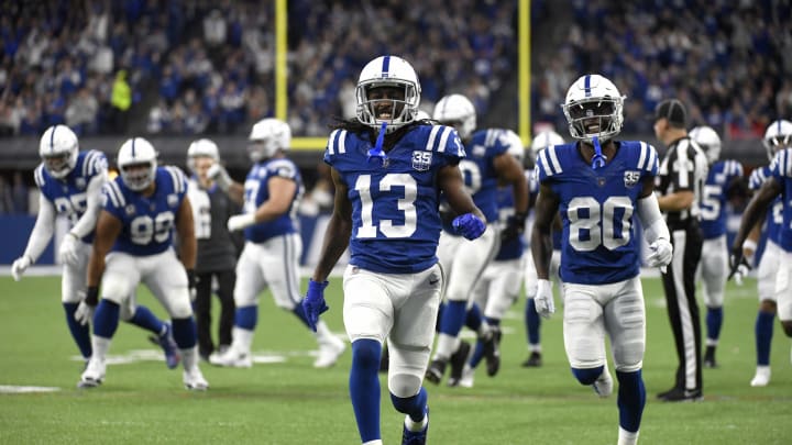 INDIANAPOLIS, INDIANA – NOVEMBER 18: T.Y. Hilton #13 of the Indianapolis Colts runs to celebrate after a touchdown in the game against the Tennessee Titans in the third quarter at Lucas Oil Stadium on November 18, 2018 in Indianapolis, Indiana. (Photo by Bobby Ellis/Getty Images)