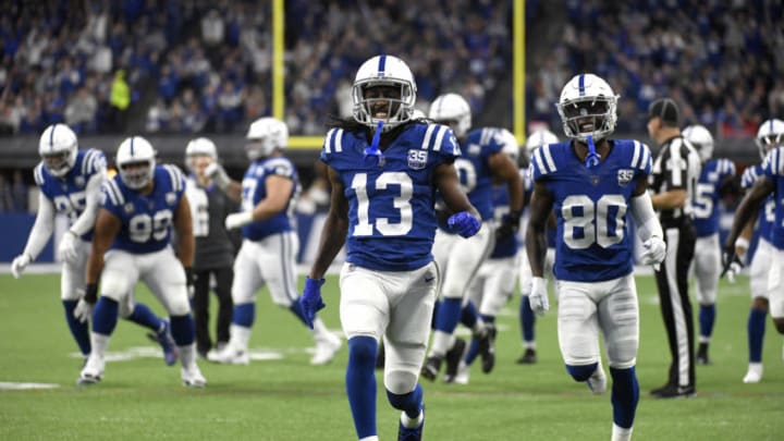 INDIANAPOLIS, INDIANA - NOVEMBER 18: T.Y. Hilton #13 of the Indianapolis Colts runs to celebrate after a touchdown in the game against the Tennessee Titans in the third quarter at Lucas Oil Stadium on November 18, 2018 in Indianapolis, Indiana. (Photo by Bobby Ellis/Getty Images) INDIANAPOLIS, INDIANA - NOVEMBER 18: T.Y. Hilton #13 of the Indianapolis Colts runs to celebrate after a touchdown in the game against the Tennessee Titans in the third quarter at Lucas Oil Stadium on November 18, 2018 in Indianapolis, Indiana. (Photo by Bobby Ellis/Getty Images)