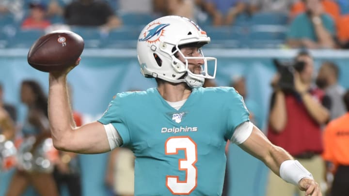 MIAMI, FL – AUGUST 22: Josh Rosen #3 of the Miami Dolphins in action during the third quarter of the preseason game against the Jacksonville Jaguars at Hard Rock Stadium on August 22, 2019 in Miami, Florida. (Photo by Eric Espada/Getty Images)