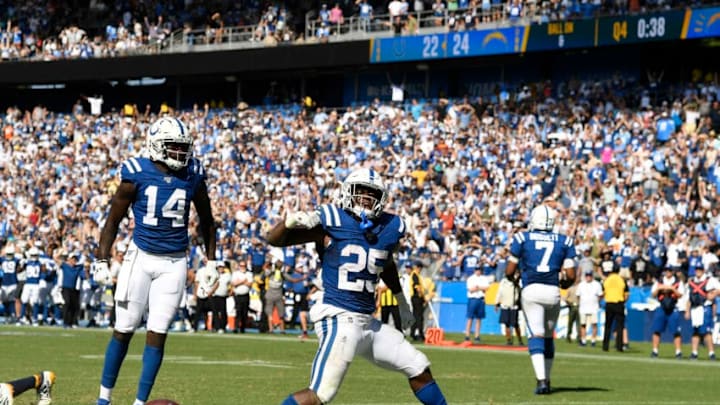 CARSON, CA - SEPTEMBER 08: Running back Marlon Mack #25 of the Indianapolis Colts reacts after scoring to tie the game against Los Angeles Chargers during the second half at Dignity Health Sports Park on September 8, 2019 in Carson, California. (Photo by Kevork Djansezian/Getty Images) CARSON, CA - SEPTEMBER 08: Running back Marlon Mack #25 of the Indianapolis Colts reacts after scoring to tie the game against Los Angeles Chargers during the second half at Dignity Health Sports Park on September 8, 2019 in Carson, California. (Photo by Kevork Djansezian/Getty Images)